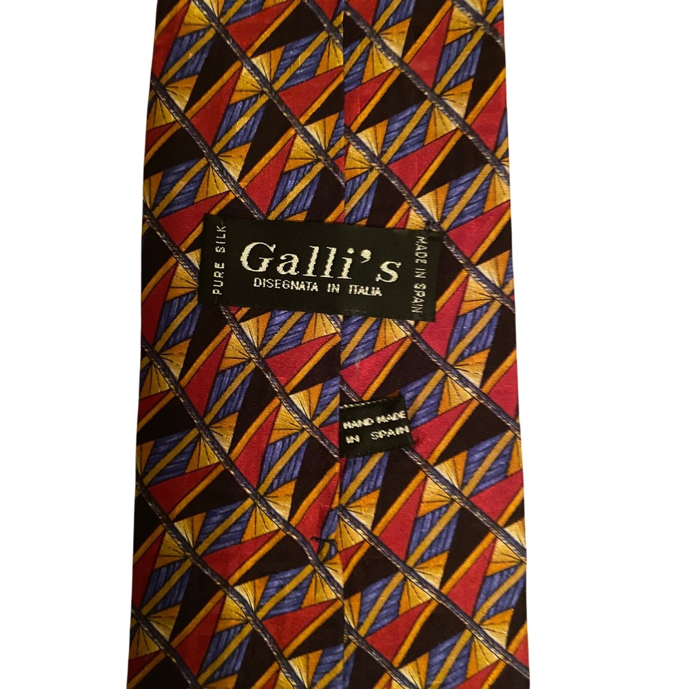 Galli's Mens Silk Tie Geometric‎ Triangle Pattern Red Blue Yellow Handmade Spain